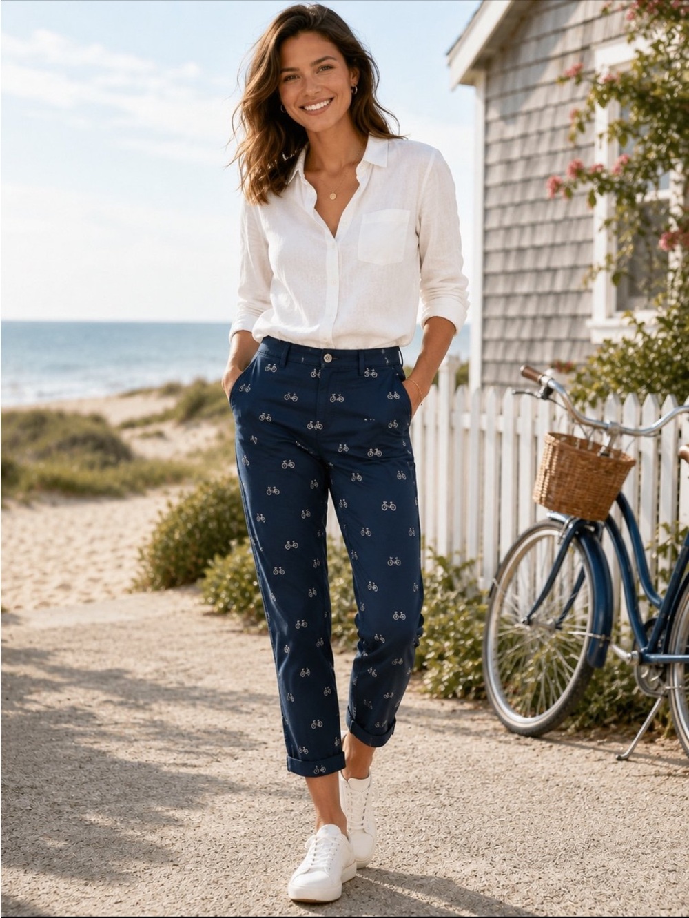 Talbots Heritage Women’s Navy Bicycle Print Ankle Pants Size 10 Cotton Cropped